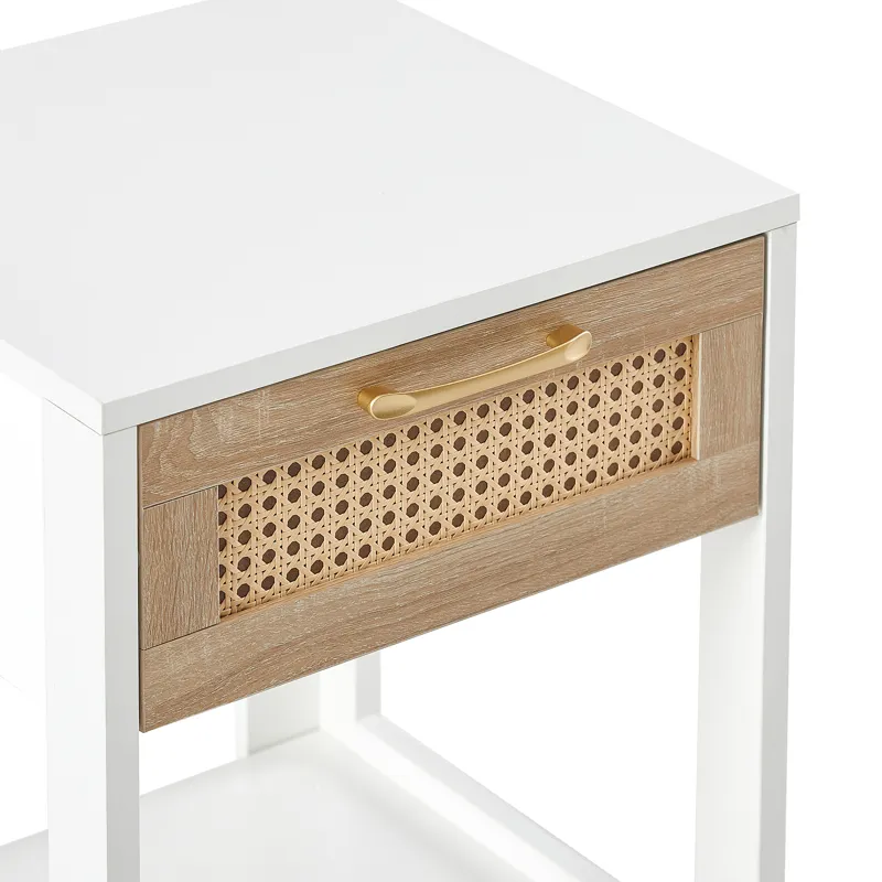 15.75\" Rattan End Table With Drawer, Modern Nightstand, Side Table For Living Room, Bedroom - White