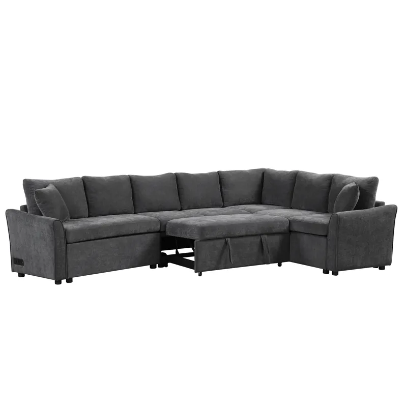L-Shaped Sofa Convertible Sofa Bed Pull Out Sofa Sleeper With Two Back Pillows, Two USB Ports And Tw