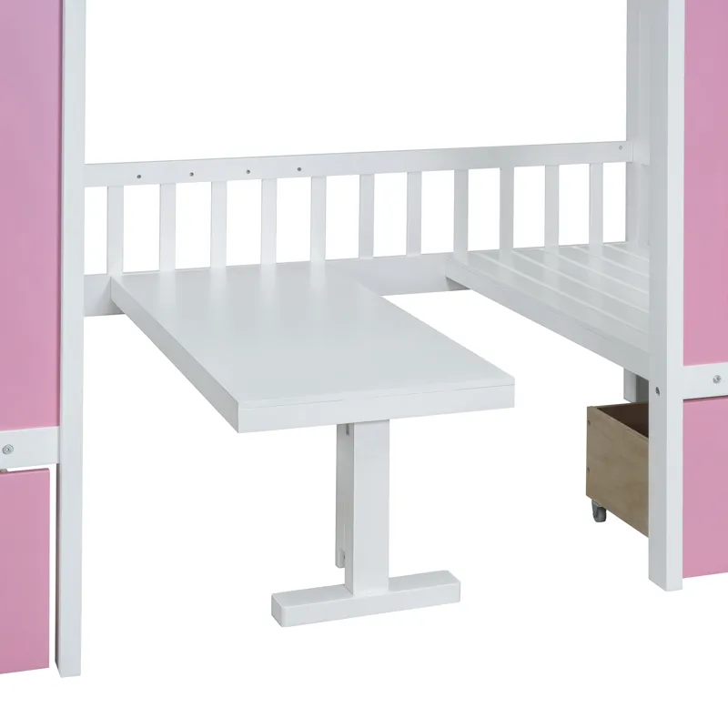 Twin Over Twin Bunk Bed With Changeable Table, Bunk Bed Turn Into Upper Bed And Down Desk - Pink