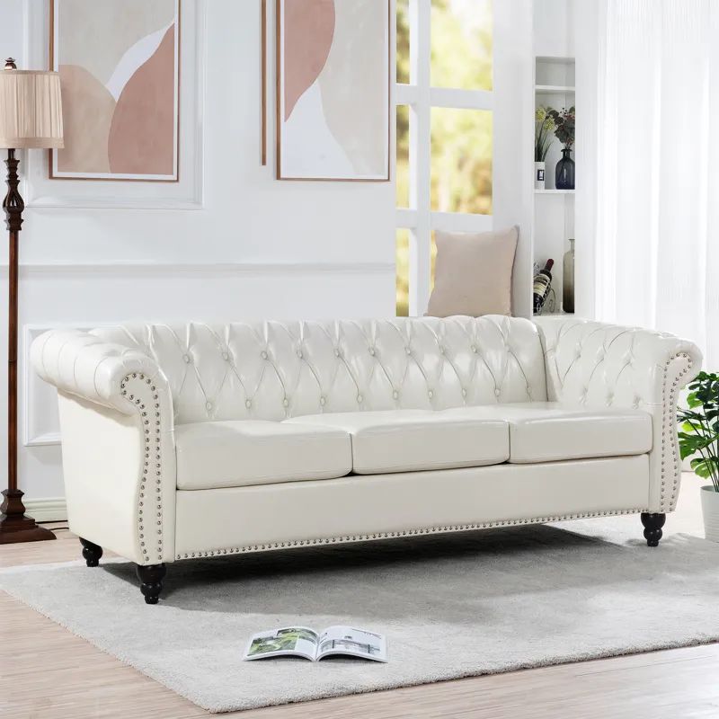 84.65\" Rolled Arm Chesterfield 3 Seater Sofa - White