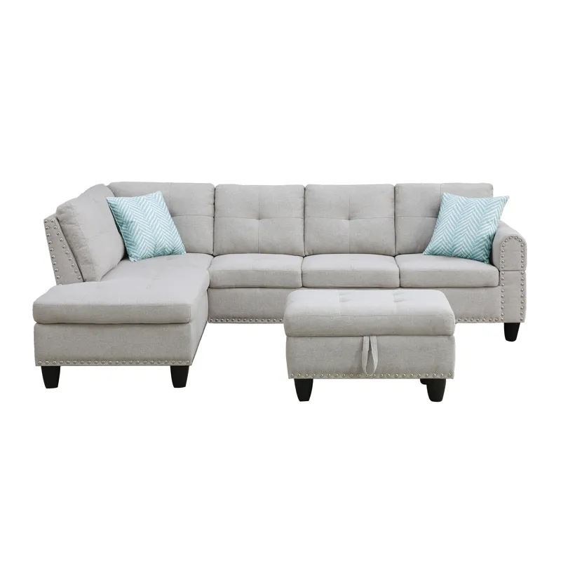Alger - 98" Wide Left Hand Facing Sofa & Chaise With Ottoman - Light Gray