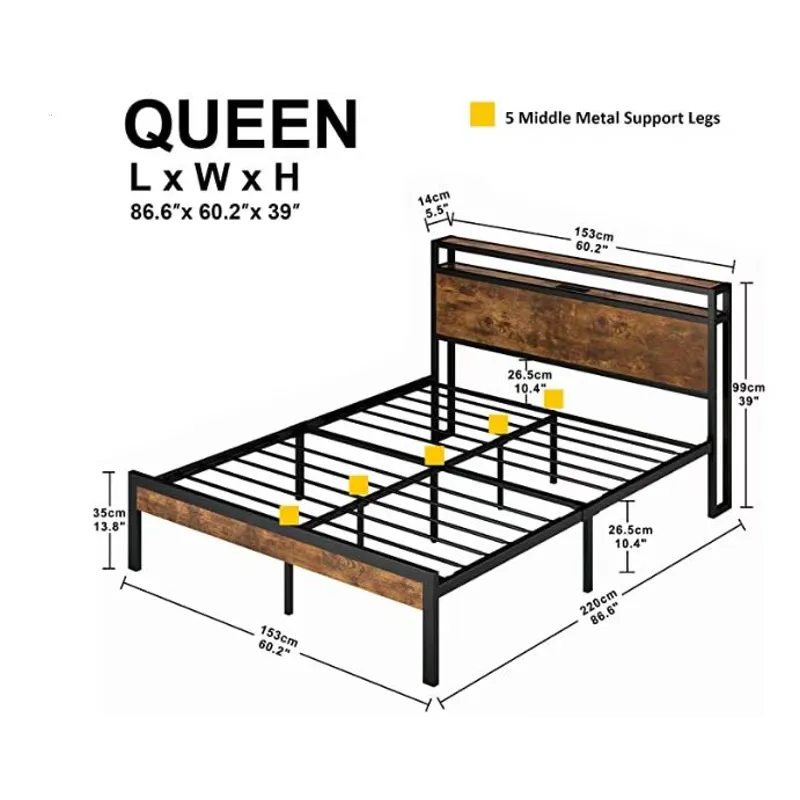 Queen Size Metal Platform Bed Frame With Wooden Headboard And Footboard With USB Liner, No Box Sprin