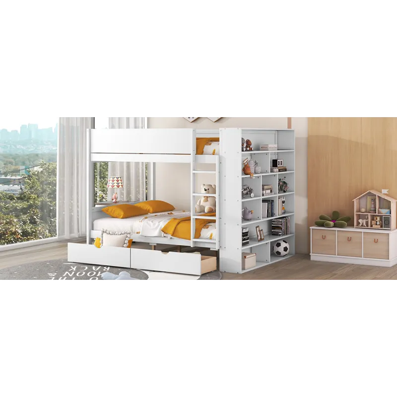 Full Over Full Bunk Bed With 2 Drawers And Multi - Layer Cabinet - White