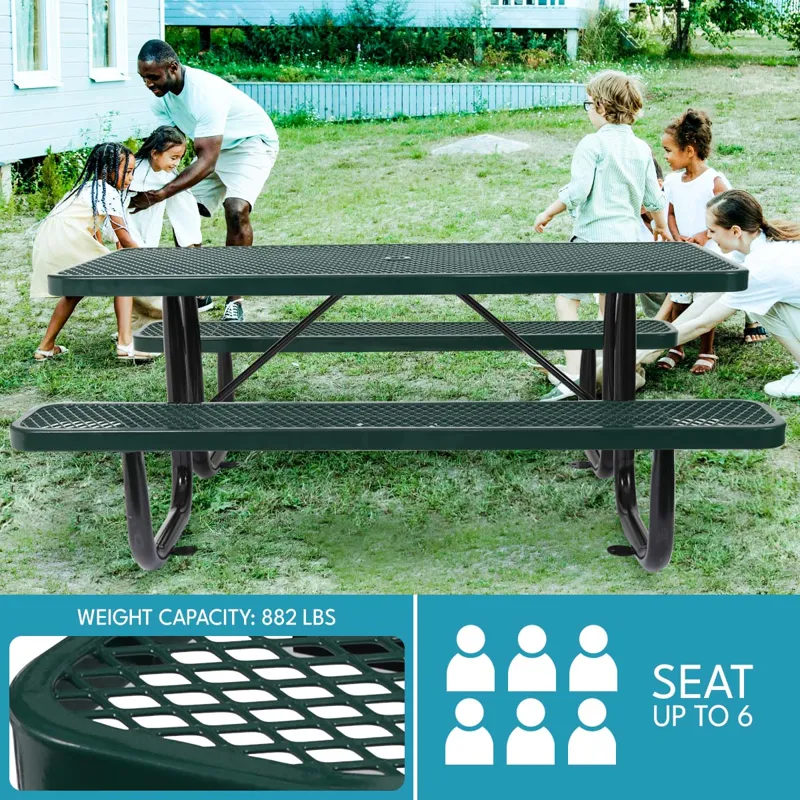 6 Ft. Rectangular Outdoor Steel Picnic Table With Umbrella Pole - Green