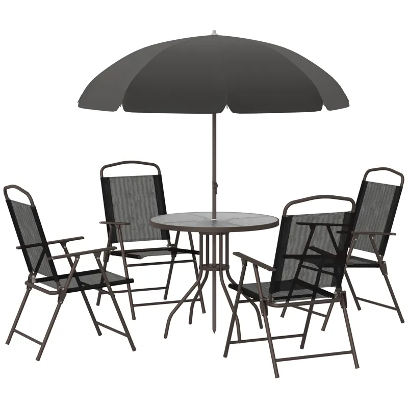 Outsunny - 6 Piece Patio Dining Set For 4 With Umbrella, Outdoor Table And Chairs With 4 Folding Din