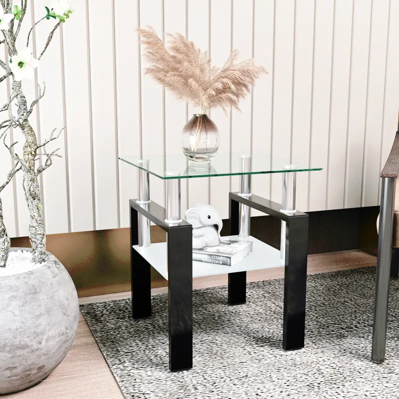 Modern Tempered Glass Tea Table, End Square Table For Living Room - Transparent / Black