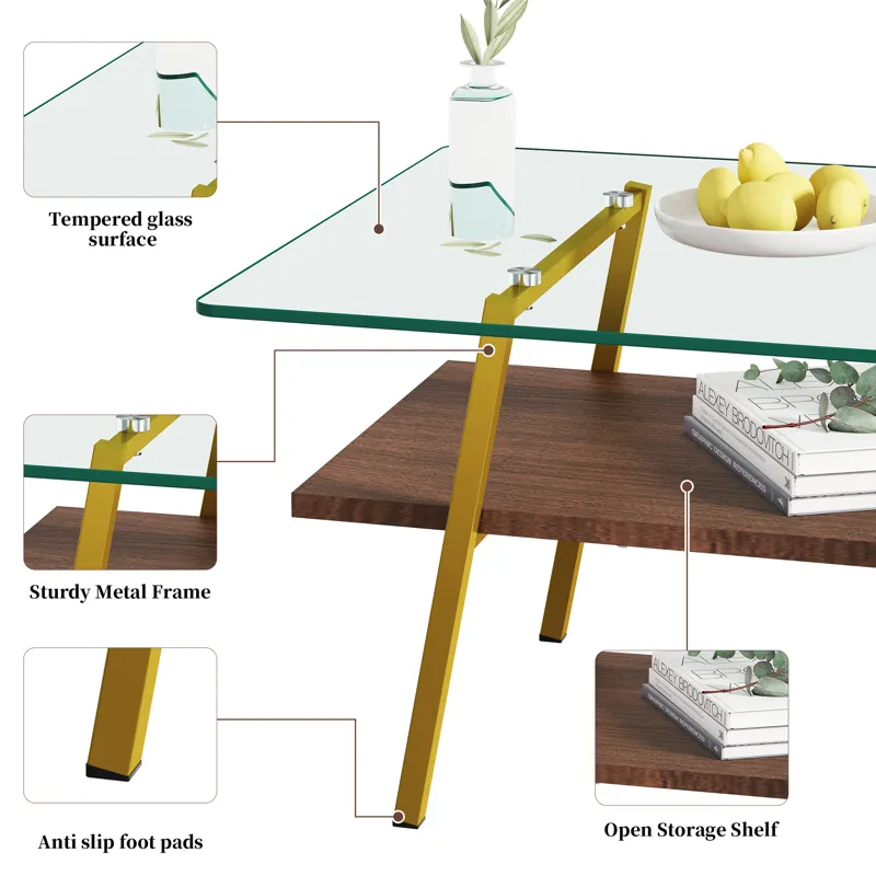 Rectangle Coffee Table, Tempered Glass Tabletop With Gold Metal Legs, Modern Table For Living Room, 