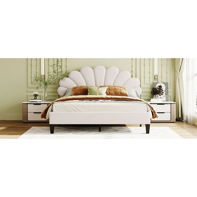 Queen Size Upholstered Platform Bed With Flower Pattern Velvet Headboard - Beige