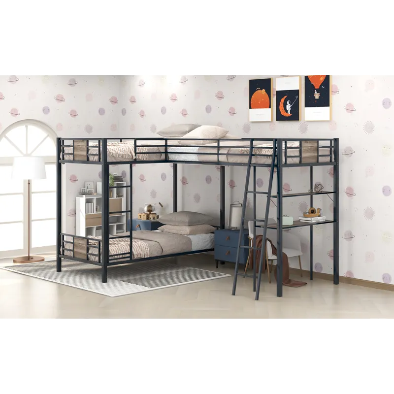 L-Shaped Twin Over Twin Bunk Bed With Twin Size Loft Bed With Desk And Shelf - Brown
