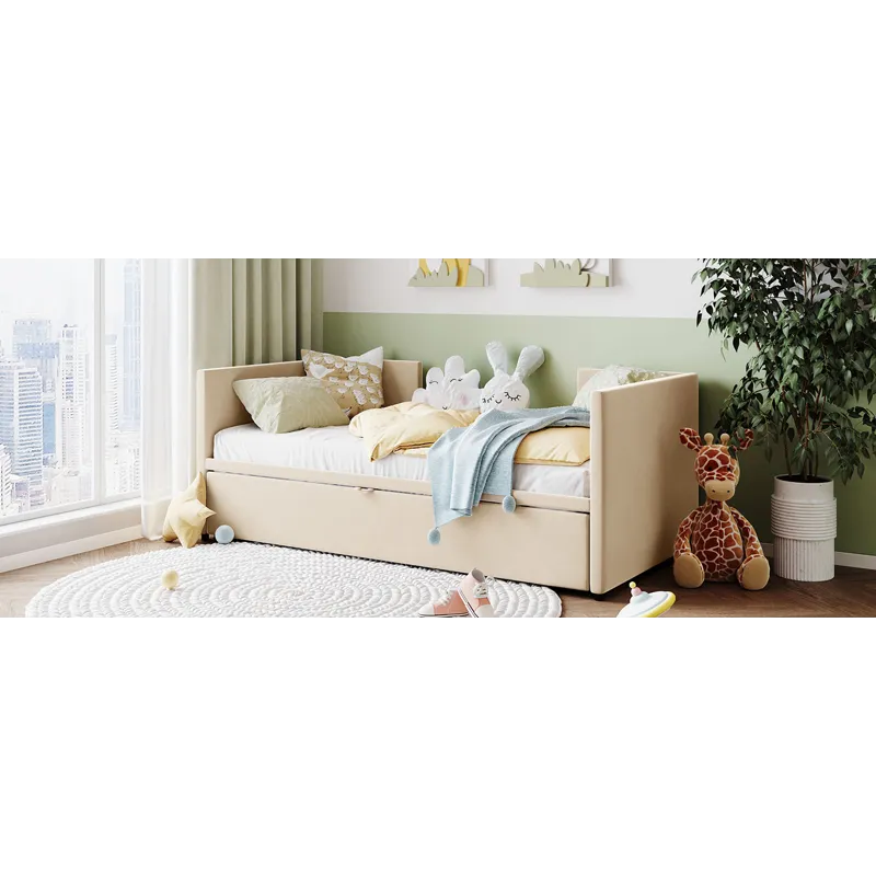 Twin Size Upholstered Daybed With Pop Up Trundle - Beige