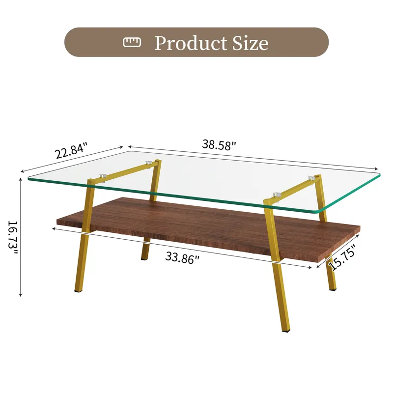 Rectangle Coffee Table, Tempered Glass Tabletop With Gold Metal Legs, Modern Table For Living Room, 