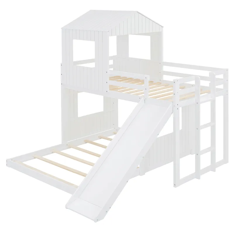 Wooden Twin Over Full Bunk Bed, Loft Bed With Playhouse, Farmhouse, Ladder, Slide And Guardrails - W
