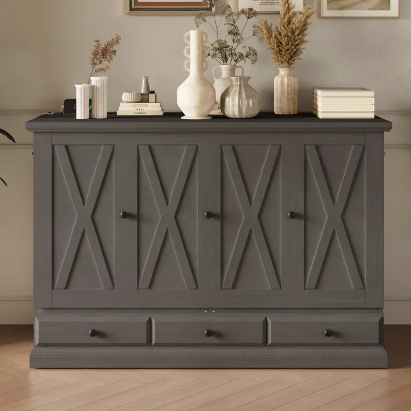 Full Solid Pine Murphy Bed Chest Cube Cabinet Bed With Charging Station And Large Storage Drawer For