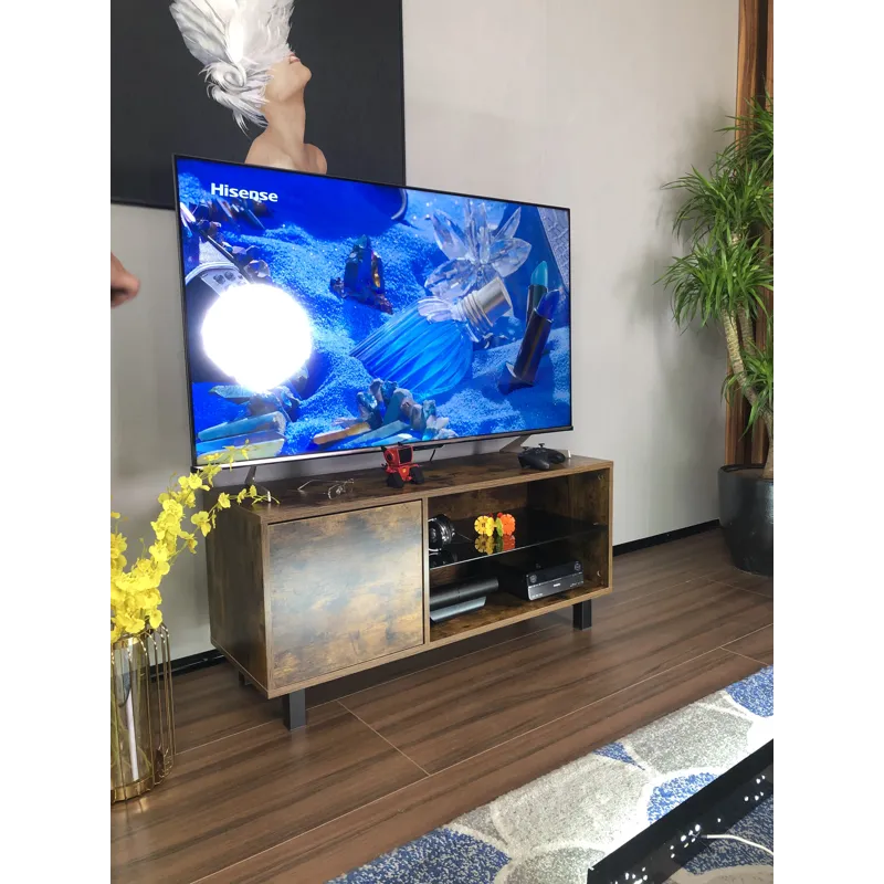 Rustic Brown TV Console With Push-To-Open Storage Cabinet For TV, Wood & Glass TV Stand For Living R