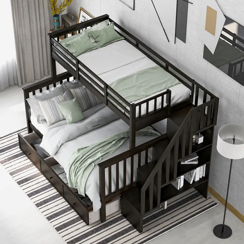 Twin Over Full Stairway Bunk Bed With Drawer, Storage And Guard Rail For Bedroom, Dorm, For Adults -
