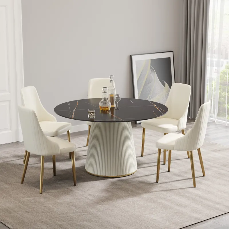 Modern Artificial Stone Round Plywood PU Base Dining Table, Can Accommodate 6 People, (Not Including