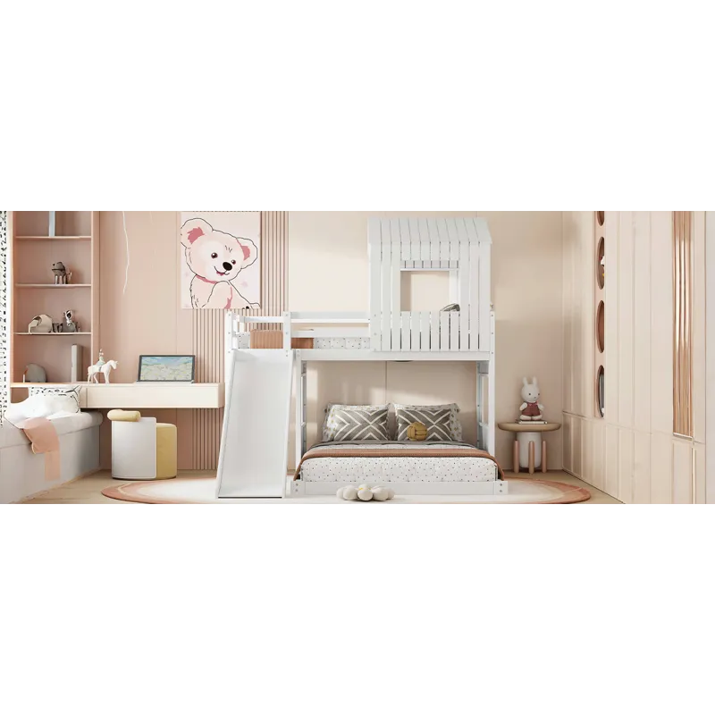 Wooden Twin Over Full Bunk Bed, Loft Bed With Playhouse, Farmhouse, Ladder, Slide And Guardrails - W