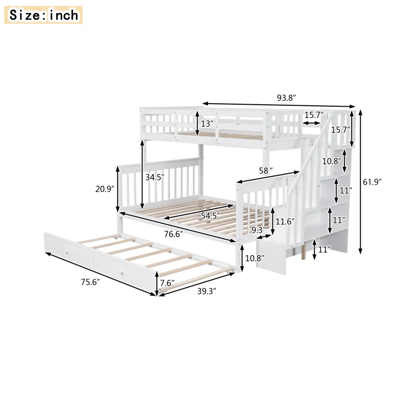 Twin Over Full Bunk Bed With Twin Size Trundle, Storage And Guard Rail For Bedroom, Dorm, For Adults