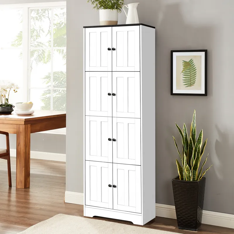 Tall Storage Cabinet With 8 Doors And 4 Shelves, Wall Storage Cabinet For Living Room, Kitchen, Offi