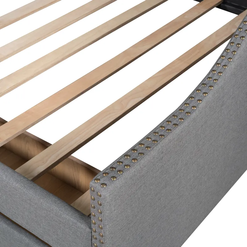 Full Size Upholstered Daybed With Two Drawers, Wood Slat Support - Gray
