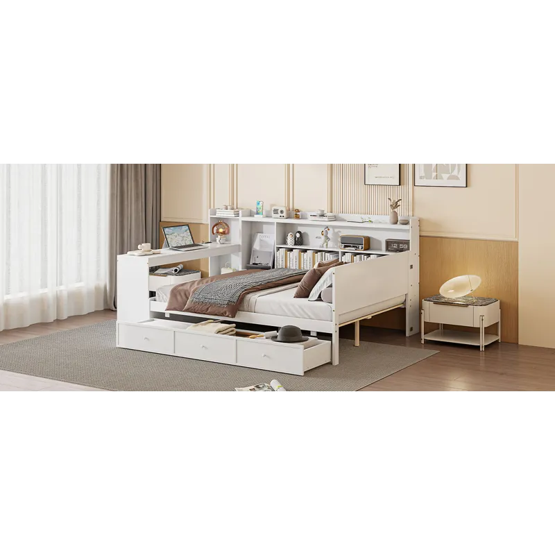 Full Size Wooden Daybed With 3 Drawers, USB Ports And Desk - White