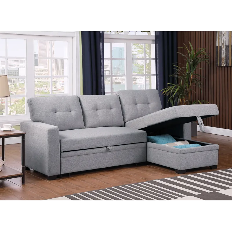 Upholstered Pull Out Sectional Sofa With Chaise - Light Gray