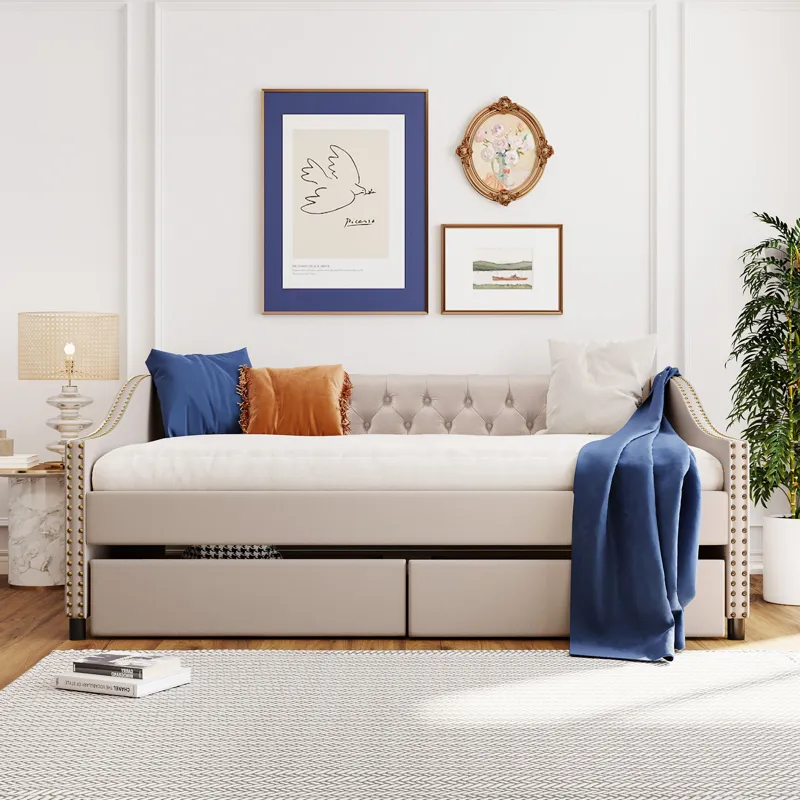 Full Size Upholstered Daybed With Two Drawers, Wood Slat Support - Beige