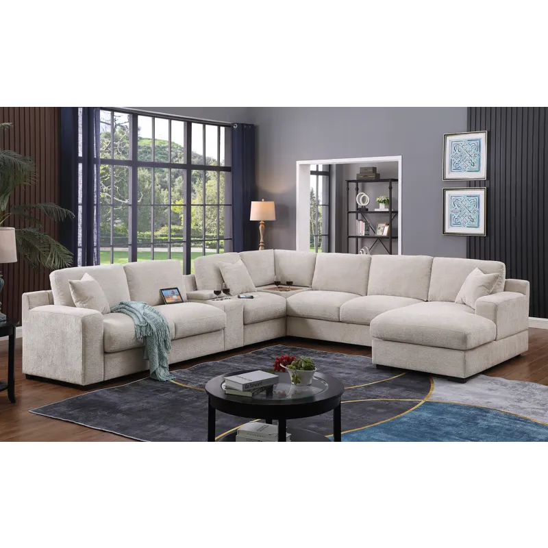 Celine - Chenille Fabric Corner Sectional Sofa With Right-Facing Chaise, Cupholders, And Charging Po