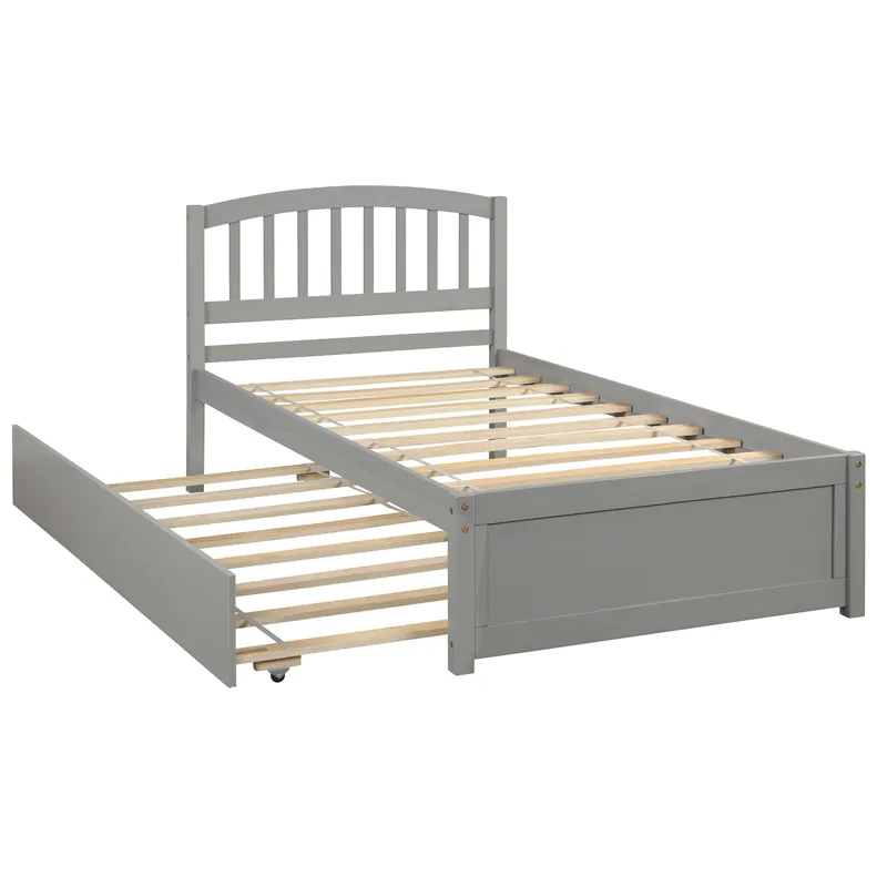Twin Size Platform Bed Wood Bed Frame With Trundle - Gray