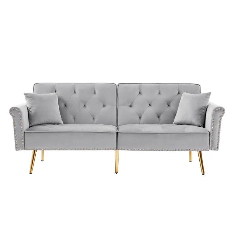 Velvet Tufted Sofa Couch With 2 Pillows And Nailhead Trim - Light Gray