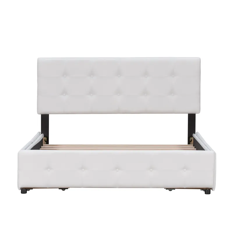 Queen Size Upholstered Platform Bed With Classic Headboard And 4 Drawers, No Box Spring Needed - Whi