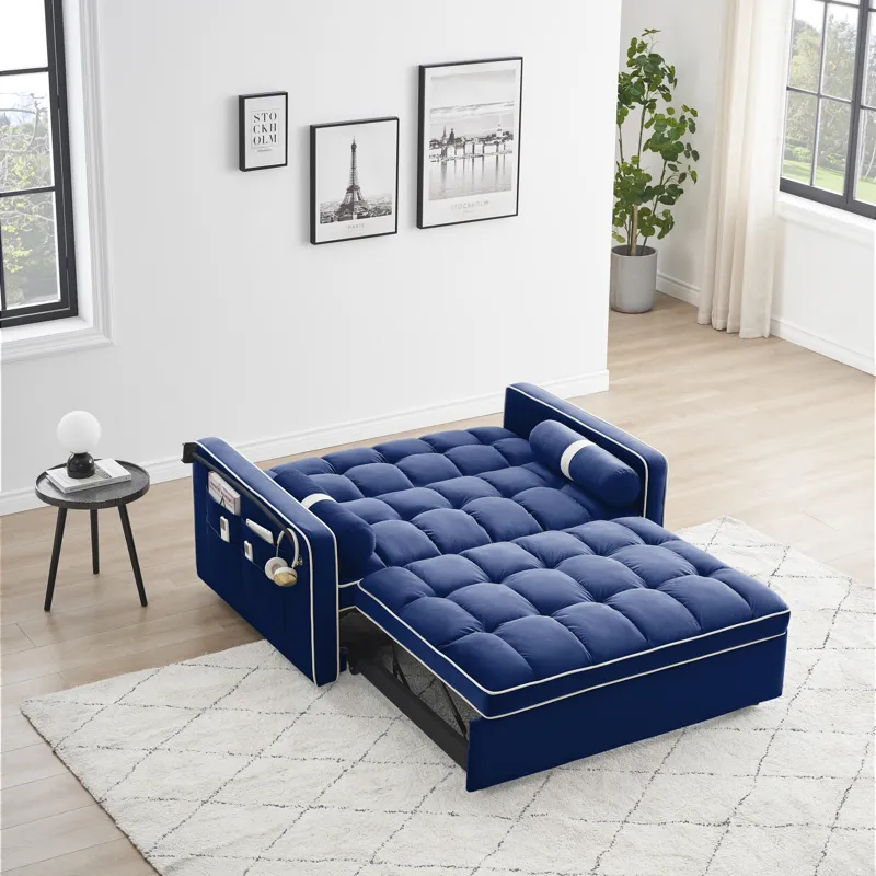 Modern Convertible Sleeper Sofa Couch With Pull Out Bed With Pillows & Side Pockets For Small Space,