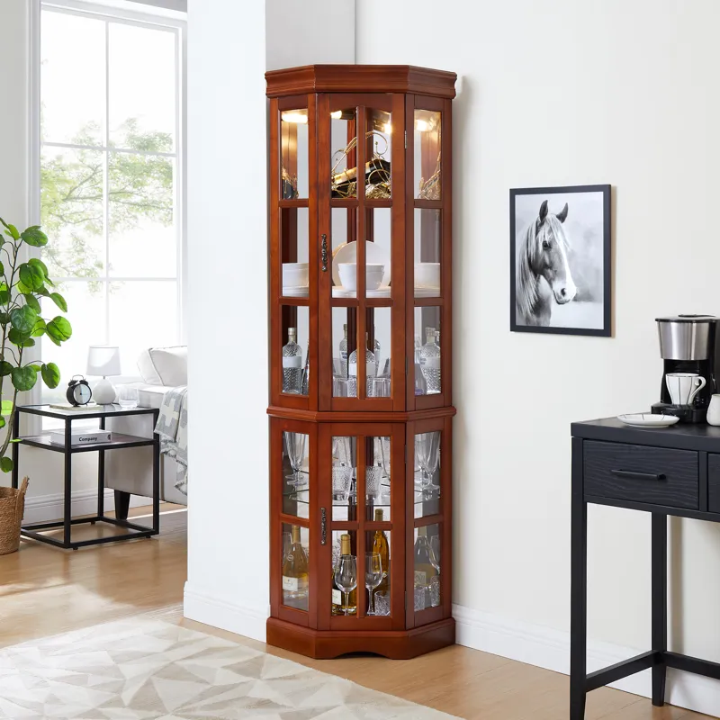 Corner Curio Cabinet With 5 Shelves And Lighting System (E26 Light Bulb Not Included) - Walnut
