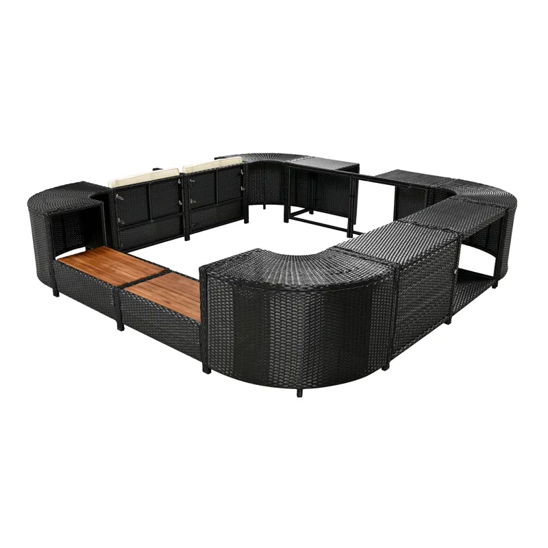 Spa Surround Spa Frame Quadrilateral Outdoor Rattan Sectional Sofa Set With Mini Sofa, Wooden Seats 
