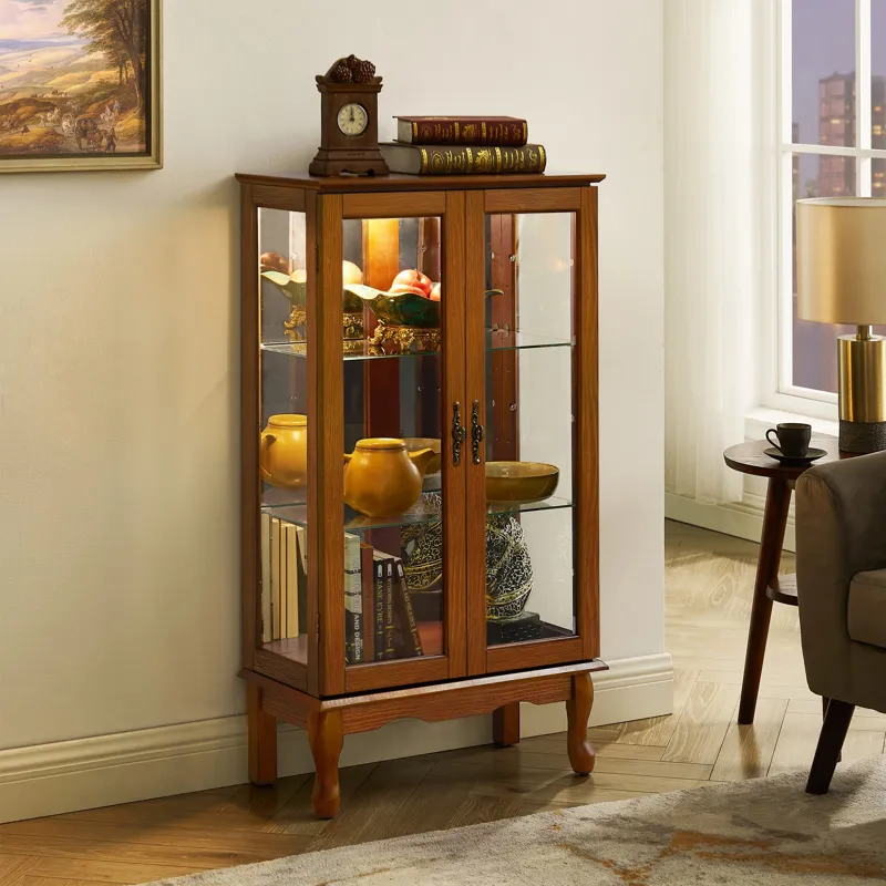 Curio Cabinet Lighted Curio Diapaly Cabinet With Adjustable Shelves And Mirrored Back Panel, Tempere
