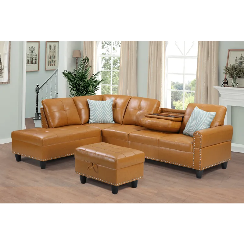 Irine - Faux Leather Sectional Sofa With Ottoman - Ginger