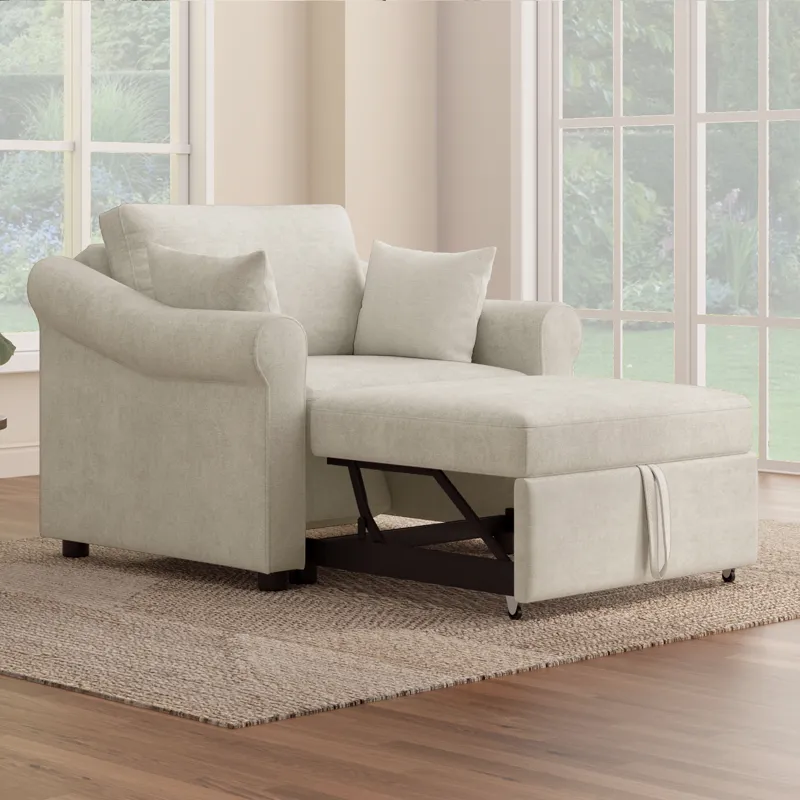Chenille Convertible Sleeper Chair With Adjustable Backrest, 3 In 1 Lounger Chair Turns Into Bed, Si