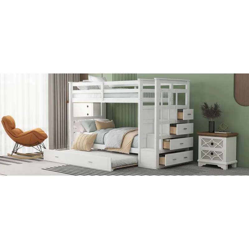 Twin Over Twin Bunk Bed With Trundle And Staircase - White