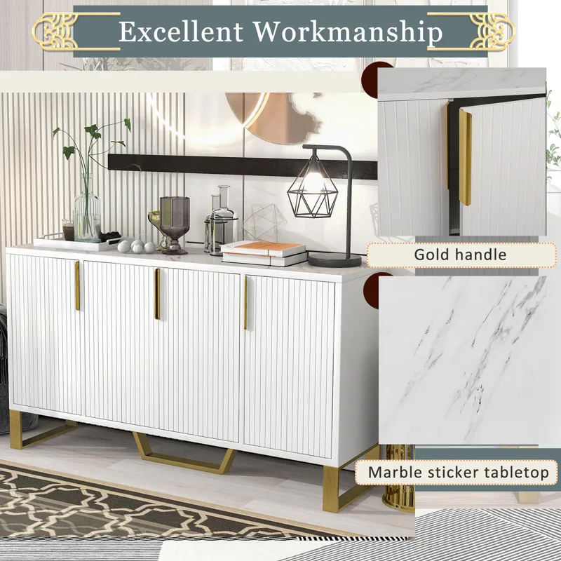 Modern Sideboard With Four Doors, Metal Handles & Legs And Adjustable Shelves Kitchen Cabinet - Whit