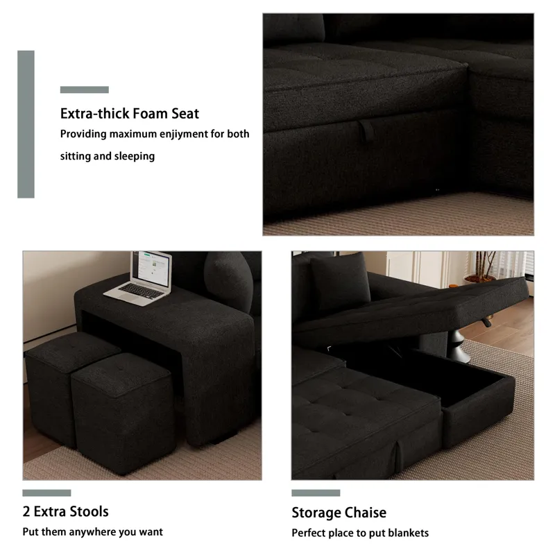 Modern L-Shape 3 Seat Reversible Sectional Couch, Pull Out Sleeper Sofa With Storage Chaise And 2 St