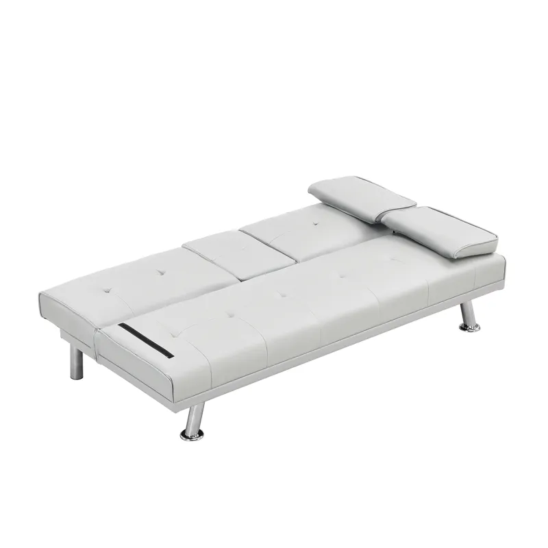 Futon Sofa Bed With Armrest Two Holders - White