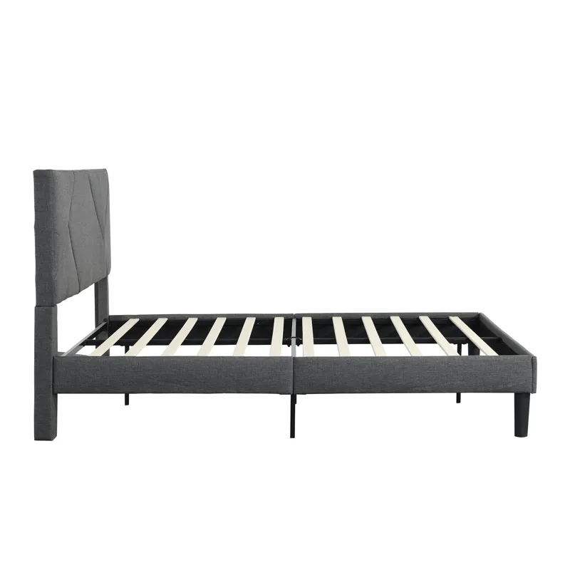 Full Size Upholstered Platform Bed Frame With Headboard, Strong Wood Slat Support, Mattress Foundati