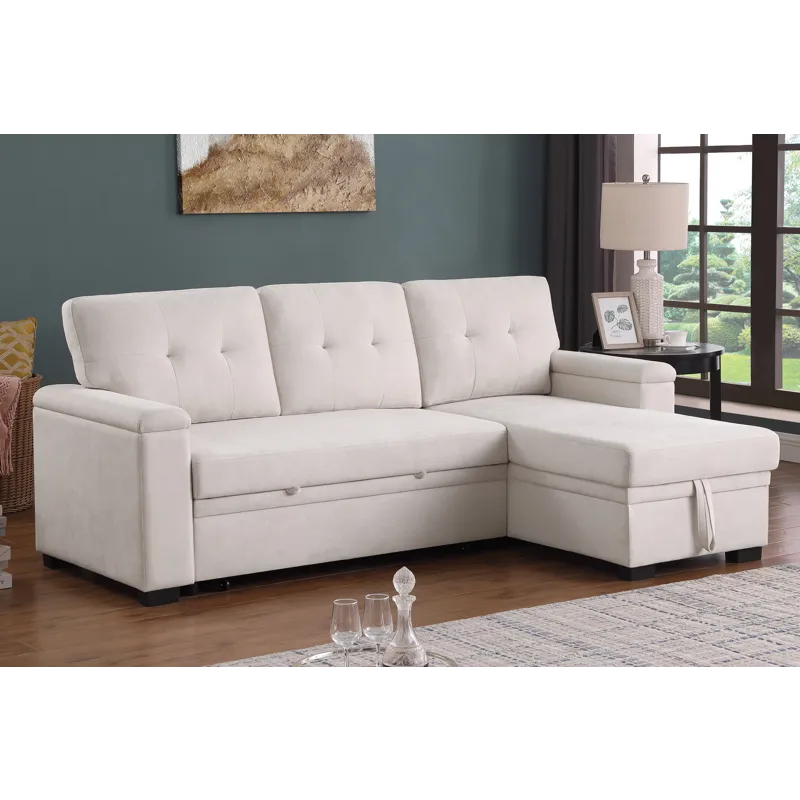 Lucca II  - 84.5\"W Beige Woven Fabric Reversible Sleeper Sectional Sofa With Storage Chaise and Poc