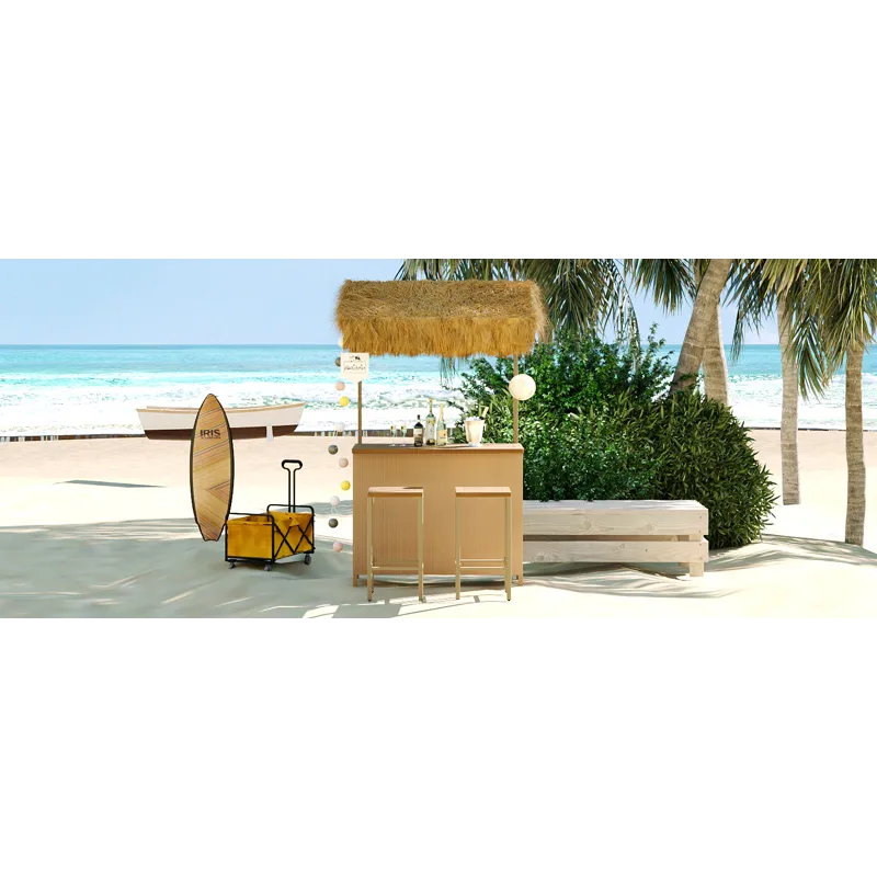 Hawaiian-Style Bar Height Patio Set With PE Grass Canopy, Outdoor Bar Table And Stools With Adjustab