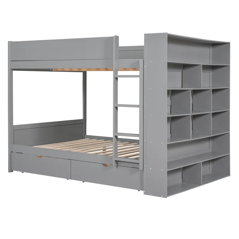 Full Over Full Bunk Bed With 2 Drawers And Multi - Layer Cabinet - Gray