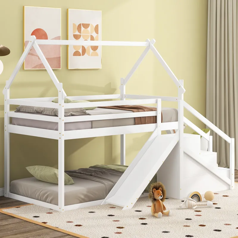 Twin Over Twin House Loft Or Bunk Bed With Slide And Staircase - White