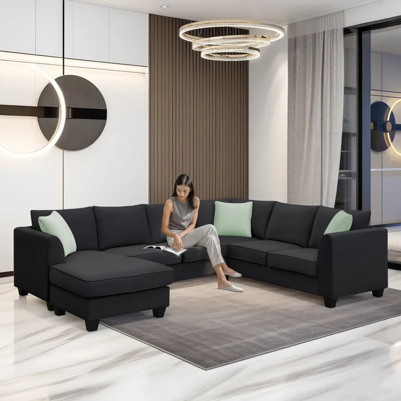 Sectional Sofa Couches Living Room Sets, 7 Seats Modular Sectional Sofa With Ottoman, L Shape Fabric