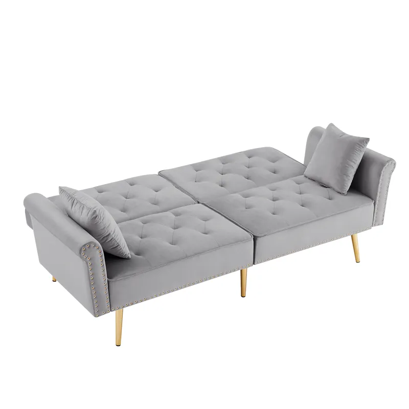 Velvet Tufted Sofa Couch With 2 Pillows And Nailhead Trim - Light Gray