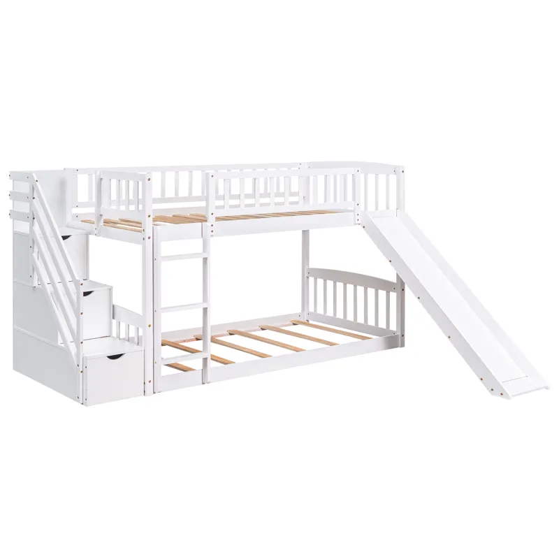 Stairway Twin Over Twin Bunk Bed With Two Drawers And Slide - White