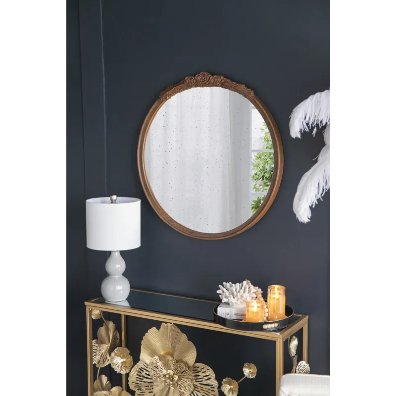 Round Hand Carved Rose Antique Mirror Frame, Wall Mirror For Live Space, Bathroom, Entryway Wall Dec